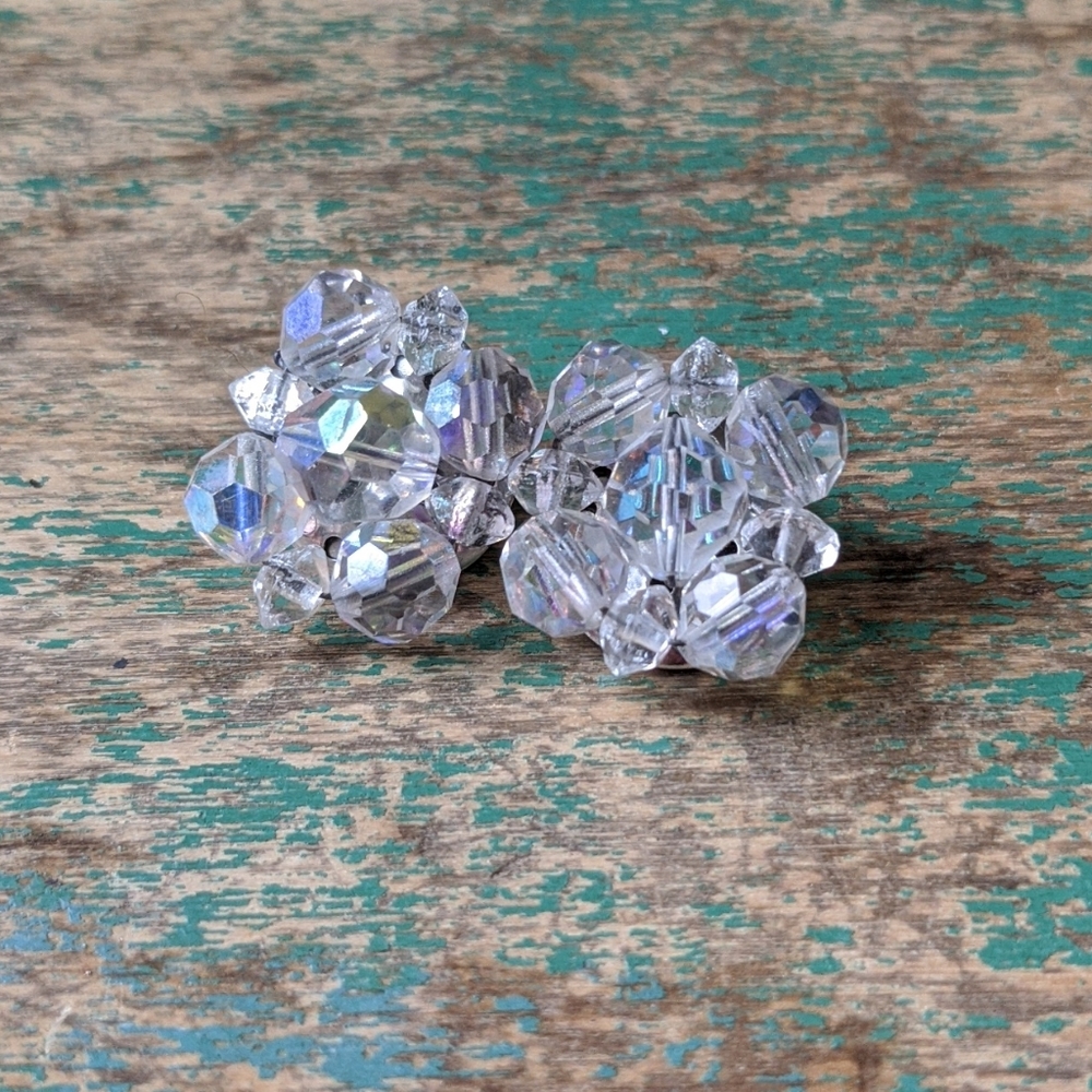 Vintage Crystal Aurora Borealis Clip-On Earrings
